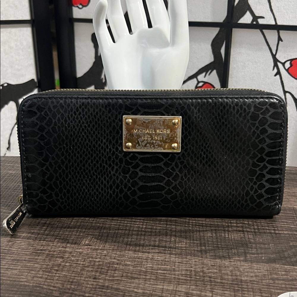 Michael Kors Black Snake-Embossed Zip Wallet with Gold Plaque
